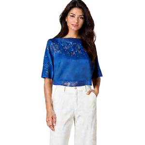 Cathy Blue Top Textured  Feminine Lace Edging